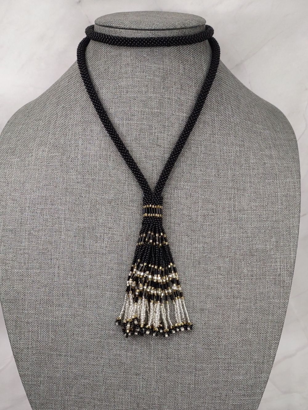 Black Beaded Tassel Lariat Necklace